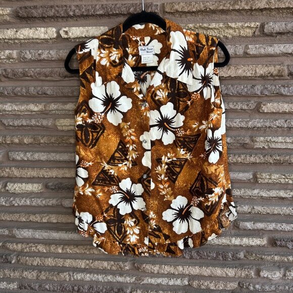 Black Point Hawaiian Brown Barkcloth Hibiscus Floral Ruffle Sleeveless Top - Picture 9 of 9